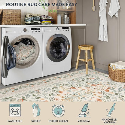 Lahome Floral Washable Area Rugs 8x10, Non-Slip Living Room Carpet Soft Tumble Washable Rugs for Bedroom Nursery, Vintage Botanical Print Carpet for Classroom Kids Room Dining Room, Beige