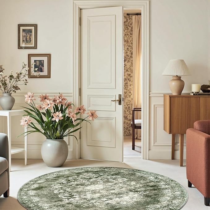 jinchan Round Rug 6ft Area Rug - Green Vintage Floor Mat Kitchen Indoor - Washable Circle 6' Thin Floral Print Christmas Carpet Retro Farmhouse Non Slip Dining Room Living Room Bedroom Office