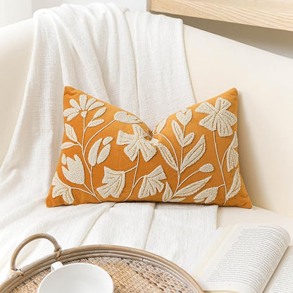 BlissBlush Fall Throw Pillow Cover 12x20, Yellow Mustard Soft Velvet Floral Decorative Lumbar Accent Throw Pillowcase, Tufted Farmhouse Textured Pillowcase for Couch Sofa Bed Living Room Home Décor