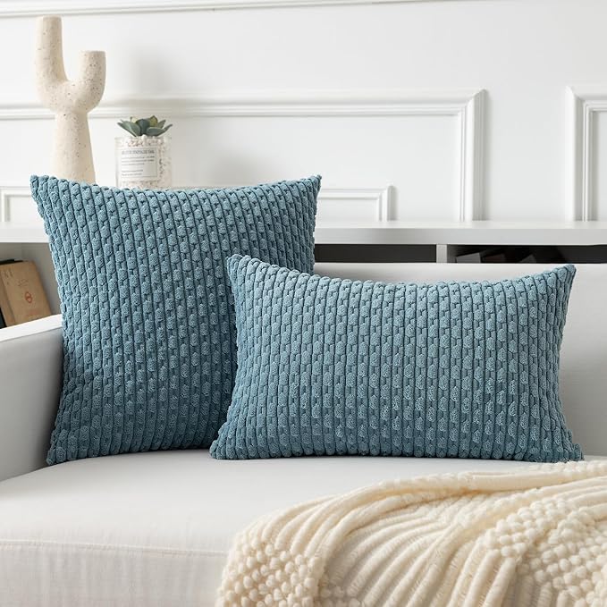Kevin Textile 14x24 Inch Pillow Cover 1 Pack Boho Decorative Soft Striped Corduroy Lumbar Farmhouse Solid Color Accent Rectangle Cushion Case for Living Room Couch Sofa Bed, Blue Grey