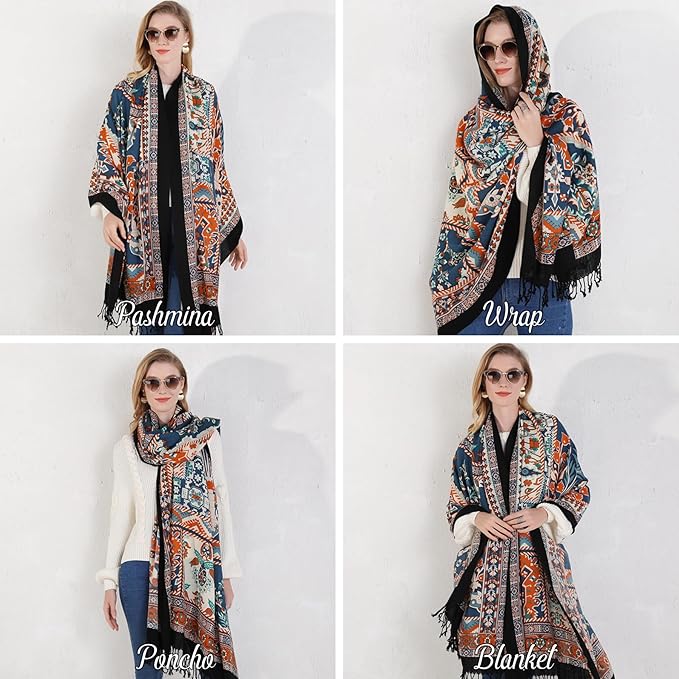 DANA XU 100% Merino Wool Pashmina Shawl for Women 96"x43", Oversized Cashmere Wrap with Tassels, Floral Travel Blanket Cape