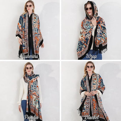 DANA XU 100% Merino Wool Pashmina Shawl for Women 96"x43", Oversized Cashmere Wrap with Tassels, Floral Travel Blanket Cape