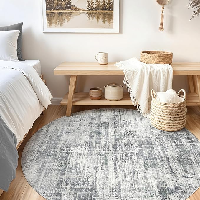 5ft Round Area Rug for Living Room: 5x5 Washable Neutral Abstract Modern Soft Rugs Non Slip Indoor Floor Stain Resistant Carpet for Bedroom Dining Room Office Nursery - Gray