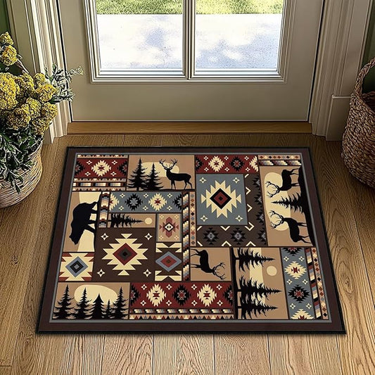 Rustic Rug 2x3 Washable Area Rugs,Buffalo Plaid Bear Moose Deer Country,Cabin Wildlife Entrance Rug Small Throw Carpet Vintage Floor Carpets Non Slip Indoor Door Mat for Entryway,Front Door,Kitchen
