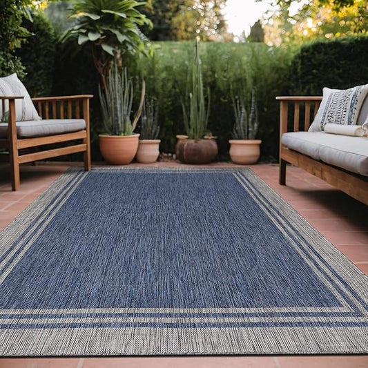 Bordered Outdoor Rug 8x10 Washable Outside Carpet for Indoor Patio Porch Waterproof Easy Cleaning Non Shedding Area Rugs Navy 8 x 10