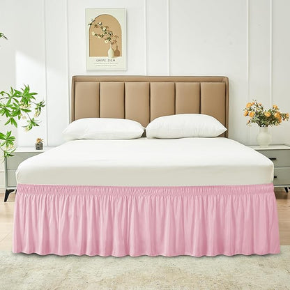 Biscaynebay Wrap Around Bed Skirts for Full & Full XL Beds 15" Drop, Pink Adjustable Elastic Dust Ruffles Easy Fit Wrinkle & Fade Resistant Silky Luxurious Fabric Machine Washable