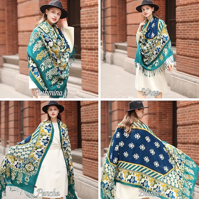 DANA XU 100% Merino Wool Pashmina Shawl for Women 96"x43", Oversized Cashmere Wrap with Tassels, Floral Travel Blanket Cape
