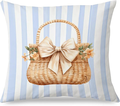 Coastal Beach Basket Pillow Covers 18x18, Preppy Beach Room Decor, Coquette Bow Floral Basket Blue White Striped Throw Pillow Covers for Girls Bedroom Dorm Home