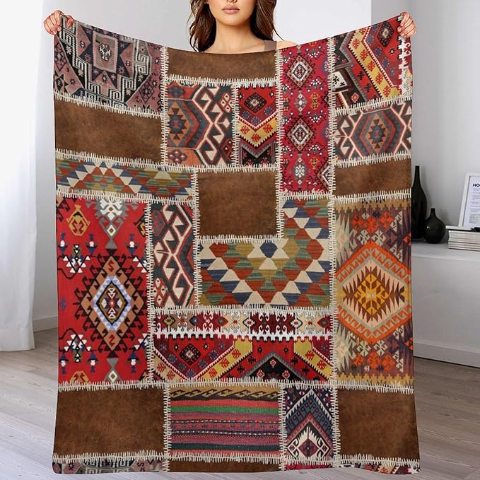Southwest Aztec Throw Blanket, Native Bohemian Retro Patchwork Traditional Geometric Soft Flannel Blanket Warm Blankets for All Seasons, Bed Couch Sofa 30"x40"