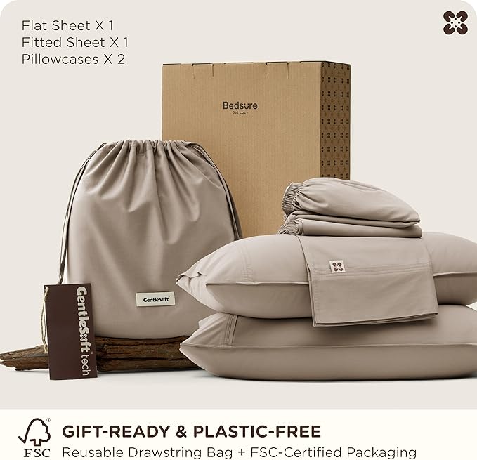 Bedsure Cooling Sheets, Rayon Derived from Bamboo & Cotton Blend, GentleSoft, Breathable, King Size Sheets Set, Deep Pocket Up to 18", Hotel Luxury Bedding for Hot Sleepers, Simply Taupe