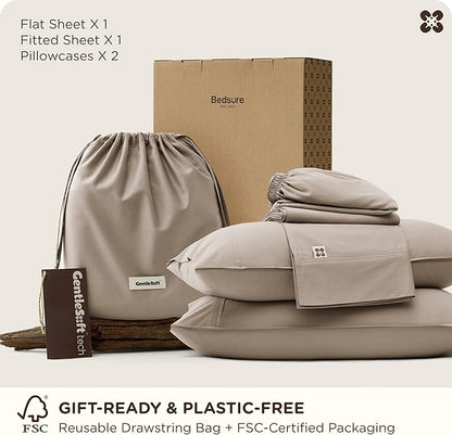 Bedsure Cooling Sheets, Rayon Derived from Bamboo & Cotton Blend, GentleSoft, Breathable, King Size Sheets Set, Deep Pocket Up to 18", Hotel Luxury Bedding for Hot Sleepers, Simply Taupe