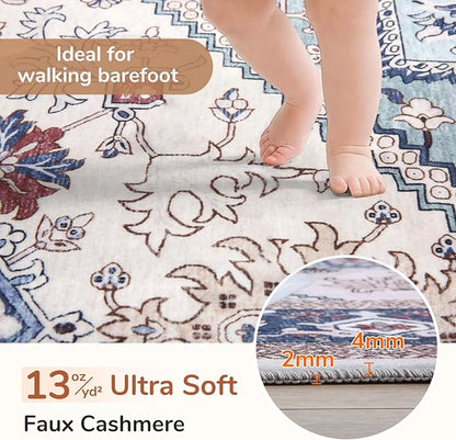 OPPODREAM Thin Entryway Rug 2x12, 2x12 Rug Runner, Washable Hallways Carpet 2 x 12 with Non Slip Backing, Low-Pile Bedside Carpet 2 x 12, Long, Faux Cashmere, Navy Blue & Red & Cream