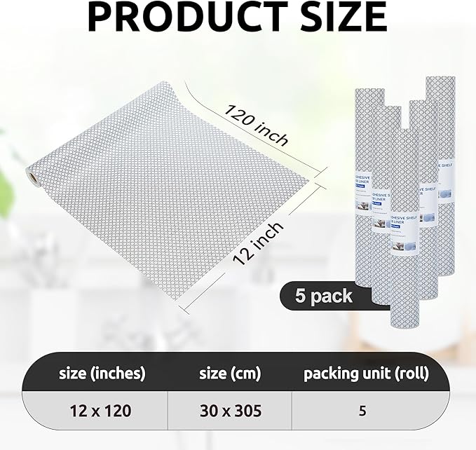 RAY STAR 12X120 Inch Shelf Liner for Kitchen Cabinets, Non-Adhesive Cabinet Liner Washable, PVC Drawer Liner for Dresser Non-Slip Bathroom (Black Circle)(5 Roll)