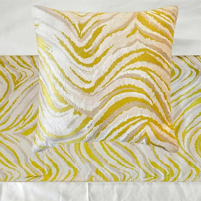 The HomeCentric King/Queen/Twin Yellow & Grey Decorative Bed Runner CA King 86"x18" Bed Runner with Two Pillow Cover, Abstract Wave Pattern Bed Scarf on Jacquard Fabric - Yellow Whirls