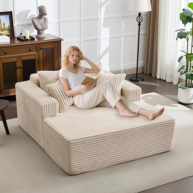 61" Oversized Chaise Lounge Chair Indoor, Boneless Couch Cloud Fluffy Chaise Lounges Corduroy Upholstered Sofa Bed w/Throw Pillows for Living Room Home Camel