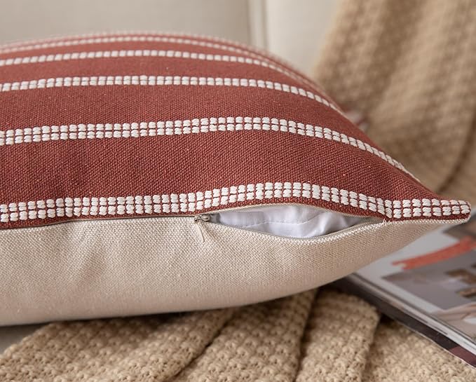 Caflife Boho Throw Pillow Covers 20x20 Set of 2 Soft Farmhouse Decorative Couch Pillow Cases Rust Striped Pillow Covers Neutral Cushion Covers for Sofa Bed Living Room Home Decor