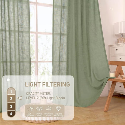 LAMIT Semi Sheer Linen Curtains 45 Inches Long 2 Panels, Sage Green Light Filtering Panels Back Tab and Rod Pocket Neutral Drapes for Kitchen/Window/Bedroom, 52 x 45 Inch