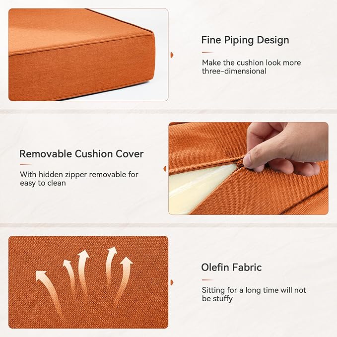 Luxury 6" Outdoor Cushions for Patio Furniture, 24x24x6" Thick Seat Cushion Set of 9, Fade Resistant Couch Chair Replacement Cushions High Density Deep Wicker Chair Cushion w/ Removable Cover, Orange