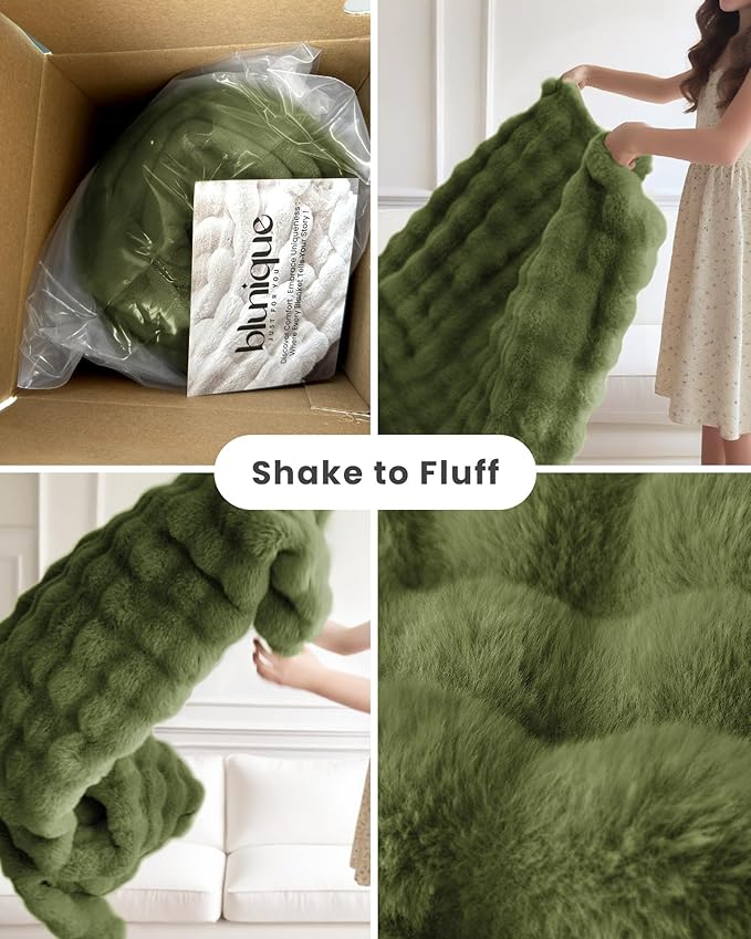 Ultra Soft Cozy Faux Fur Throw Blanket, Fuzzy Plush Thick Bubble Blanket, Oversize Luxury Fluffy Blanket for Couch, Bed, and Living Room, 60x80 Inches, Sage