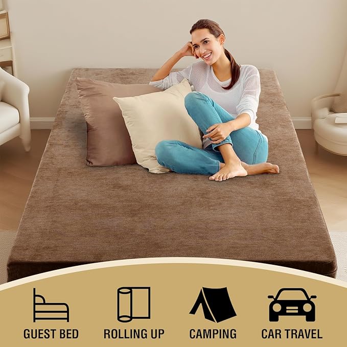 H.VERSAILTEX Twin Size Armless Futon Mattress Covers for Traditional Japanese Futon Mattress Soft Chenille Couch Slipcovers Floor Mats Sofa Protector Zippered Sleeper Sofa Cover,Caramel