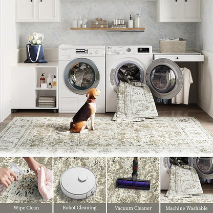jinchan Fiora Runner Rug 2x6 Washable Hallway Runner - Vintage Floral Non Slip Low-Pile Soft Thin Kitchen Rug Distressed Carpet for Farmhouse Bedroom Entryway Laundry Room(2x6ft, Taupe)