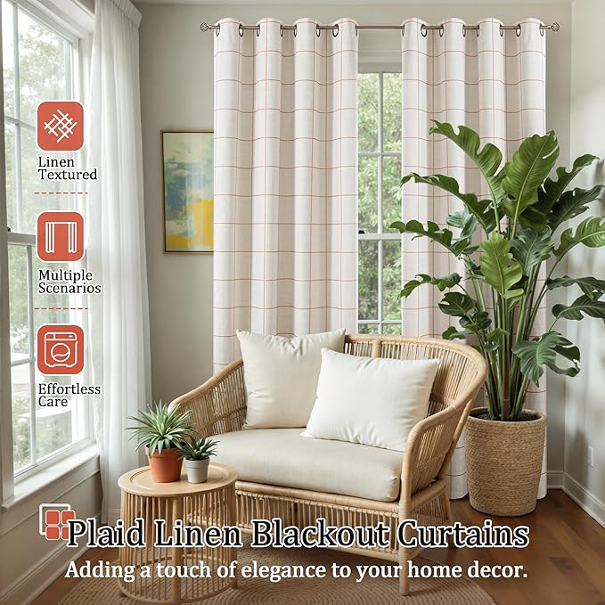 Linen Blackout Curtains for Living Room - Boho Plaid Pattern Thermal Insulated Grommet Cottage Core Window Treatments Rustic Drapes for Farmhouse, 52x84 Inch 2 Panels, Terracotta