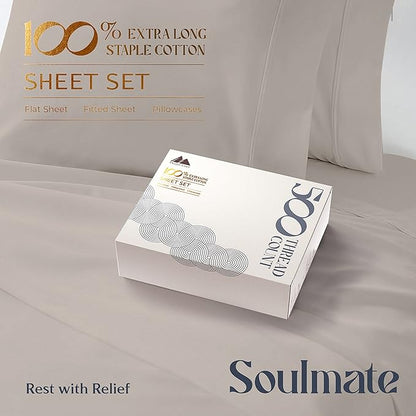 Mayfair Linen 500 Thread Count California King Cotton Sheets - 4 PC Cal King Size Bed Sheet Set Cotton (Taupe), Soft, Cooling, Sateen 16" Deep Pocket Bedsheet for Hot Sleepers (Fits 18" Mattress)