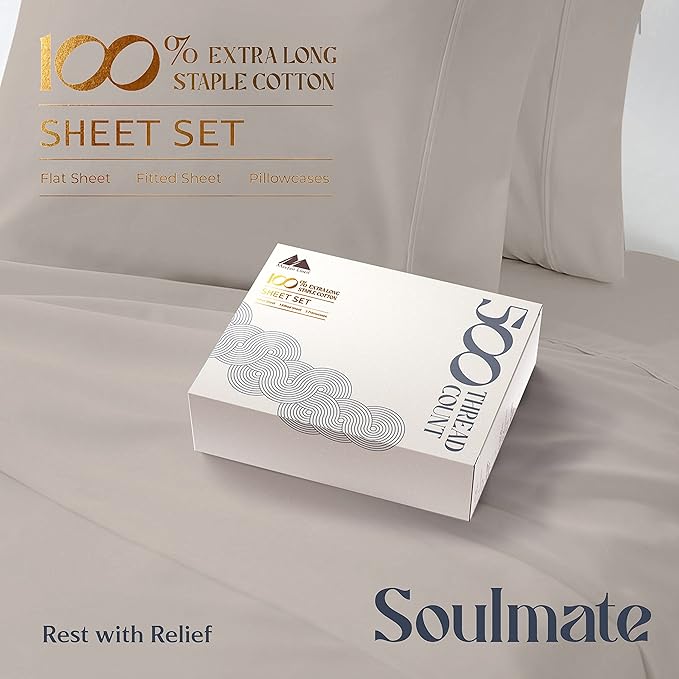 Mayfair Linen 500 Thread Count Split King Sheets Sets for Adjustable Bed - 5 PC Split King Size Bed Sheet Set Cotton (Taupe), Soft, Cooling, Sateen Weave 16" Deep Pocket Bedsheet (Fits 18" Mattress)