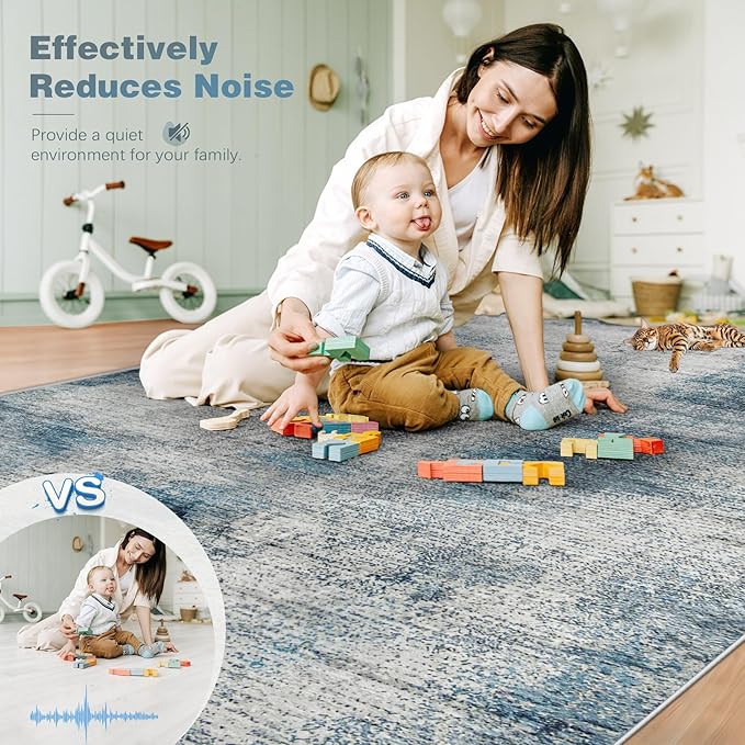 5x7 Area Rugs for Living Room: Washable Rug Modern Abstract Neutral Soft Rugs Non-Slip Low-Pile Indoor Floor Carpet for Bedroom Dining Room Nursery (Blue, 5'x7')
