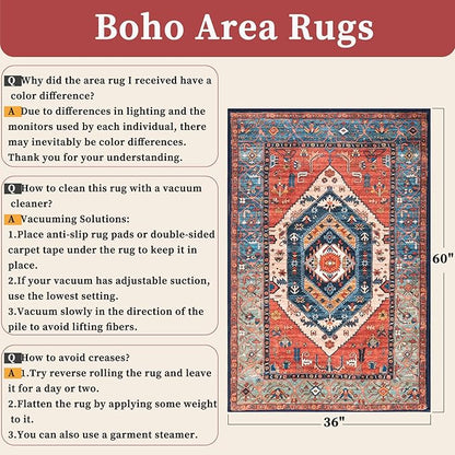 SERISSA Area Rug 3x5 Boho Rugs for Bedroom, Washable Non-Slip Kitchen Rugs, Ultra Soft Print Distressed Tribal Rust Rug Low-Pile Throw Rug Carpet for Entry Bedroom Nursery Living Room Dorm Decor