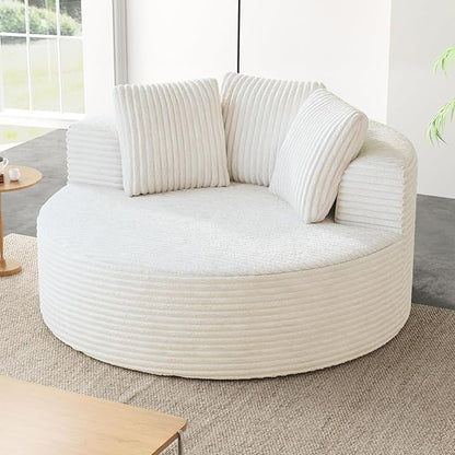 JACH Oversized Round Lazy Sofa Chair with Three Pillows, 50" Corduroy Deep Seat Single Sleeper Sofas, Upholstered Chaise, Cloud Couch for Living Room, Apartment, Beige