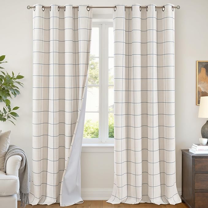 Navy Blue Plaid Curtains Pattern Printed 90 Inches Long - Total Linen Blackout Curtains for Living Room, Boho Grommet Drapes for Farmhouse Thermal Drapery 52x90 Inch 2 Panels