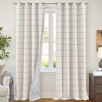 Navy Blue Plaid Patterned Curtains Thermal Insulated - 96 Inches Extra Long Total Linen Blackout Curtains for Living Room, Boho Drapery for Farmhouse Bedroom 52x96 Inch 2 Panels