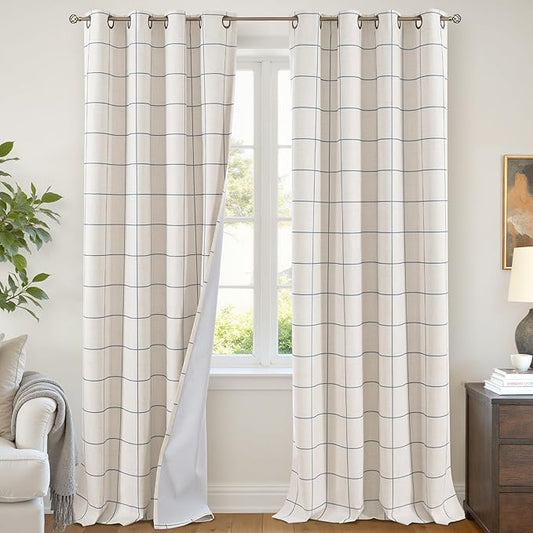 Navy Blue Plaid Linen Blackout Curtains for Bedroom - Boho Style Curtains Thermal Insulated, Pattern Printed Rustic Drapes Window Treatments for Farmhouse, 52x63 Inch 2 Panels