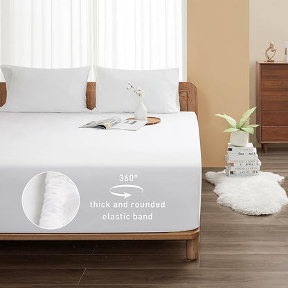 Sunflower Full Fitted Sheet, 1-Piece Deep Pocket Fitted Bottom Sheet 16", 100% Cotton Sateen Soft Breathable, White
