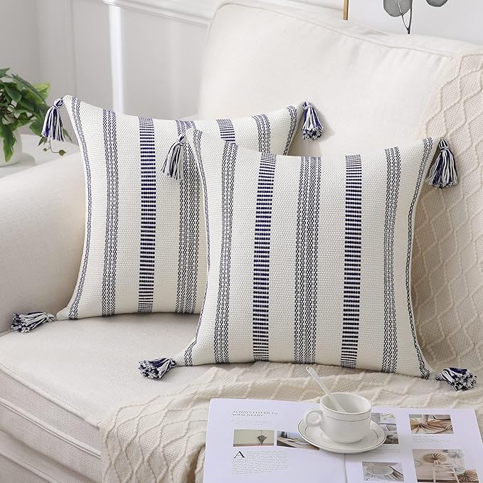 Smile Bee Boho Outdoor Couch Throw Pillow Covers Set of 2 Decorative Thick Woven Striped Accent Neutral Pillow Covers with Tassels for Bed Sofa Home Decor 20x20 Inch, Navy Blue and Cream White