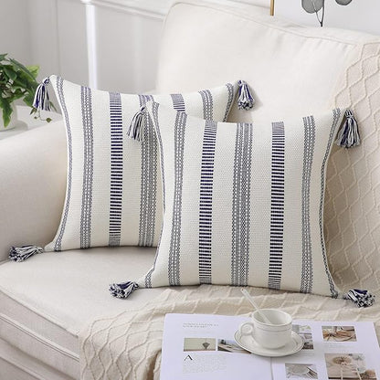Smile Bee Boho Outdoor Couch Throw Pillow Covers Set of 2 Decorative Thick Woven Striped Accent Neutral Pillow Covers with Tassels for Bed Sofa Home Decor 20x20 Inch, Navy Blue and Cream White