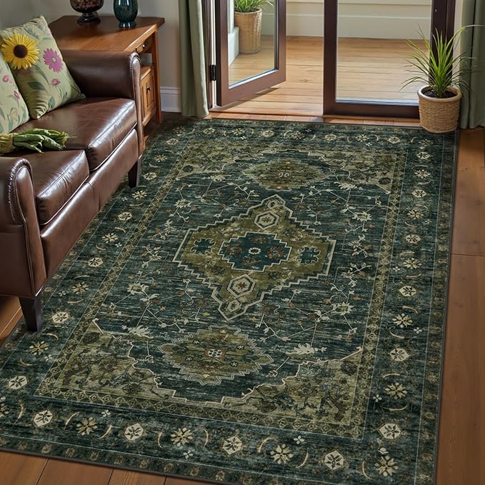 Tangsoo 3x5 Washable Rugs Oriental Area Rug, Vintage Non Slip Indoor Accent Rug, Print Distressed Olive Green Carpet, Soft Low Pile Rug for Living Room Dining Bedroom Bedside Entryway