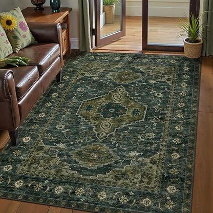 Tangsoo 3x5 Washable Rugs Oriental Area Rug, Vintage Non Slip Indoor Accent Rug, Print Distressed Olive Green Carpet, Soft Low Pile Rug for Living Room Dining Bedroom Bedside Entryway