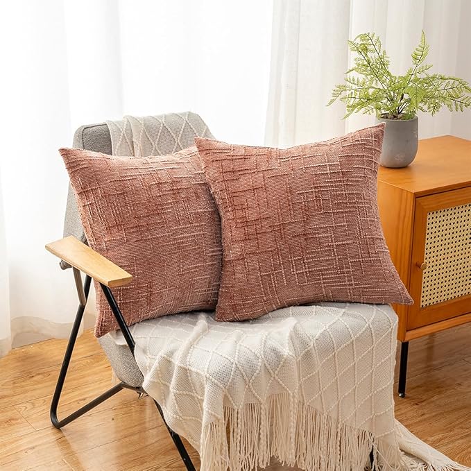 Decorative Throw Pillow Covers 18x18 Inch Set of 4, Soft Solid Farmhouse Chenille Couch Pillows, Spring Pillow Covers for Couch Sofa Bed Living Room Home Decor Pillowcase, Coral