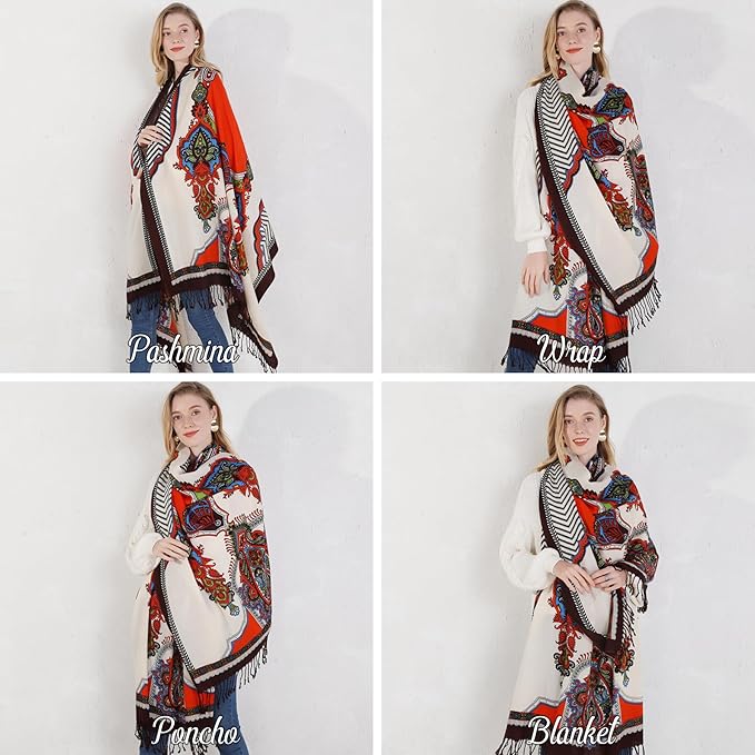 DANA XU 100% Merino Wool Extra Large Pashmina Blanket Travel Scarf Cashmere Wrap for Women Fall Winter Oversize Shawl Floral