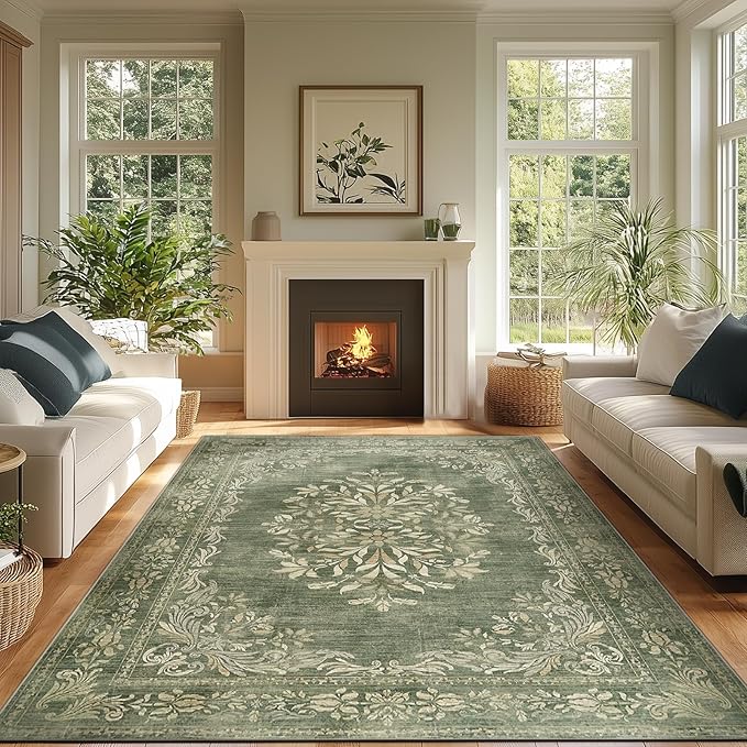 jinchan Floral 6x9 Green Area Rugs for Living Room - Machine Washable Vintage Distressed Design Soft Throw Rug Non-Slip Large Christmas Carpet for Bedroom Home Office Nursery (6x9ft, Dark Green)