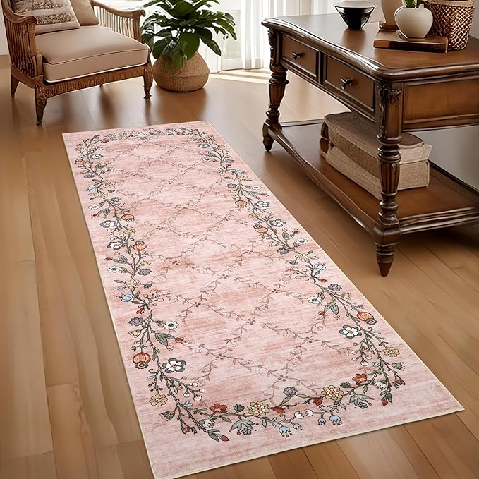 GarveeHome 2x6 Washable Floral Runner Rugs for Hallway: Modern Floral Non Slip Large Runner Rugs for Kitchen, Large Machine Washable Hallways Low Pile Carpet with Non-Slip Backing Pink 2 ft x6 ft.