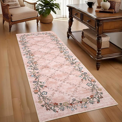 GarveeHome 2x6 Washable Floral Runner Rugs for Hallway: Modern Floral Non Slip Large Runner Rugs for Kitchen, Large Machine Washable Hallways Low Pile Carpet with Non-Slip Backing Pink 2 ft x6 ft.