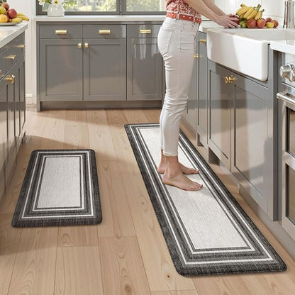 KIMODE Anti Fatigue Kitchen Mats,Non Slip Farmhouse Kitchen Rugs Sets 2 Piece,Waterproof Kitchen Mat for Floor,Cushioned Standing Mat for Office,Laundry,Sink,Desk,Black and Grey