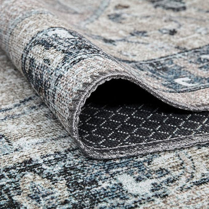 Bloom Rugs Washable Non-Slip 6' x 9' Rug - Pebble Gray/Blue Traditional Medallion Area Rug for Living Room, Bedroom, Dining Room, and Kitchen - Exact Size: 6' x 9'