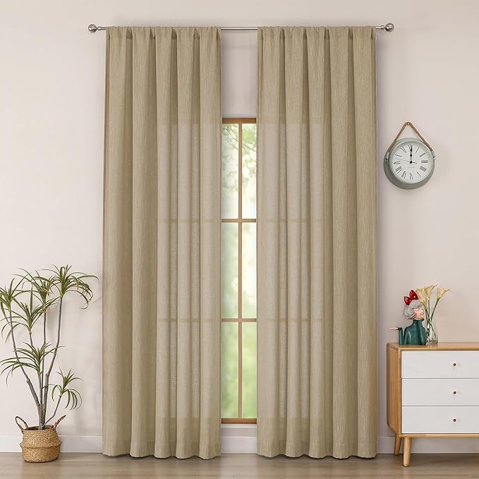 Simplebrand Taupe Faux Linen Textured Semi Sheer Curtains 96 Inches Long 2 Panels Set, Light Filtering Soft Thick Farmhouse Curtains Window Treatment for Bedroom/Living Room/Dining Room, 50 x 96 Inch