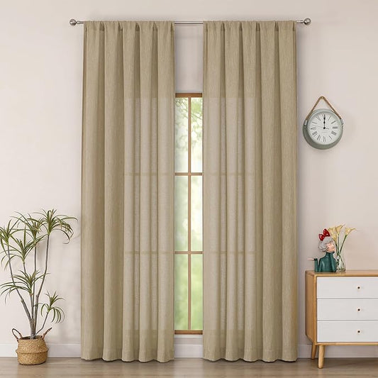 Simplebrand Taupe Faux Linen Textured Semi Sheer Curtains 96 Inches Long 2 Panels Set, Light Filtering Soft Thick Farmhouse Curtains Window Treatment for Bedroom/Living Room/Dining Room, 50 x 96 Inch