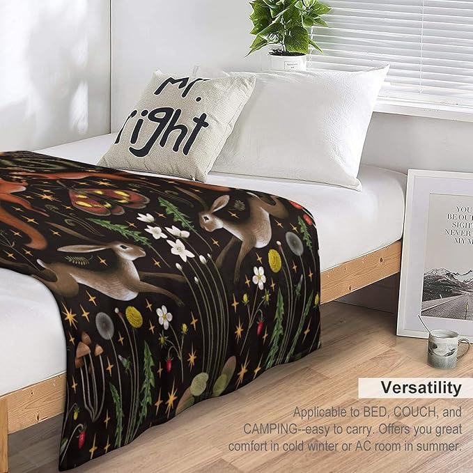 Rustic Forest Throw Blanket, Fairy Tale Forest Land Wild Animals Moths Flowers Moon Star Soft Flannal Blanket for Adult Kids Bed Couch Sofa, 50"x60"