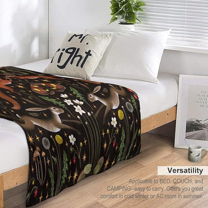 Rustic Forest Throw Blanket, Fairy Tale Forest Land Wild Animals Moths Flowers Moon Star Soft Flannal Blanket for Adult Kids Bed Couch Sofa, 50"x60"